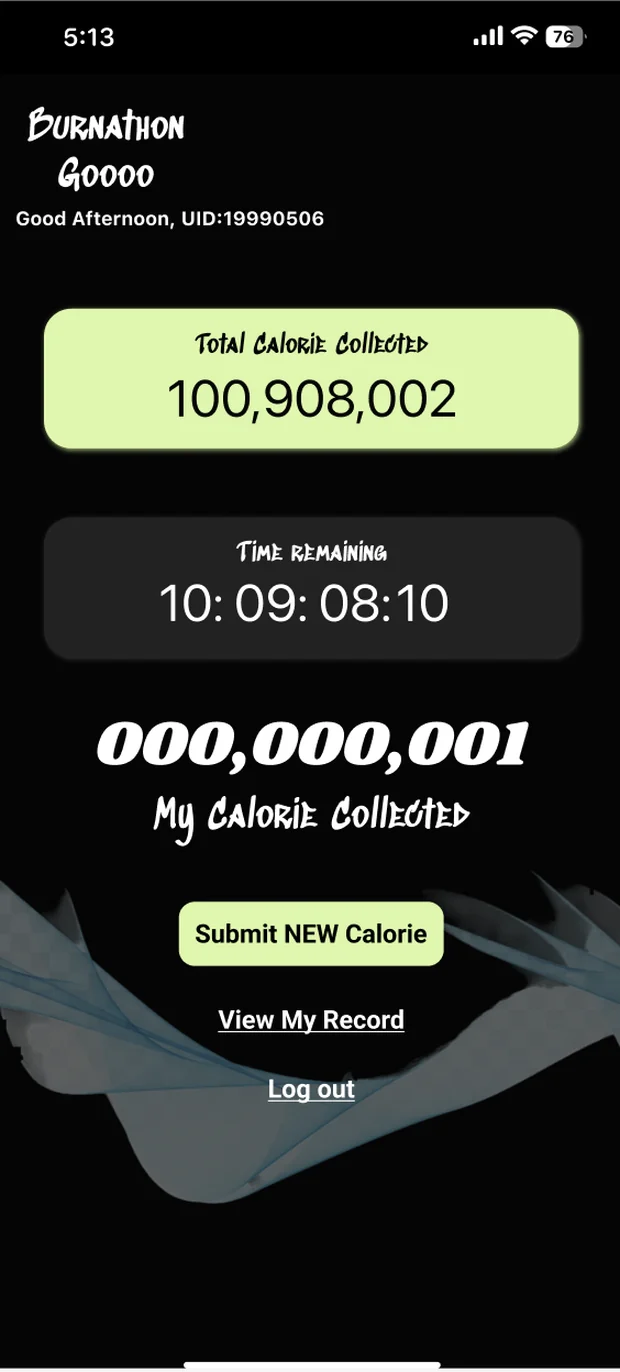 Dashboard showing a lime green panel headed 'Total Calorie Collected' with a large community figure, a dark panel below headed 'Time remaining' with a countdown, the user's own calorie total in large italic type, and buttons for Submit New Calorie, View My Record and Log out.