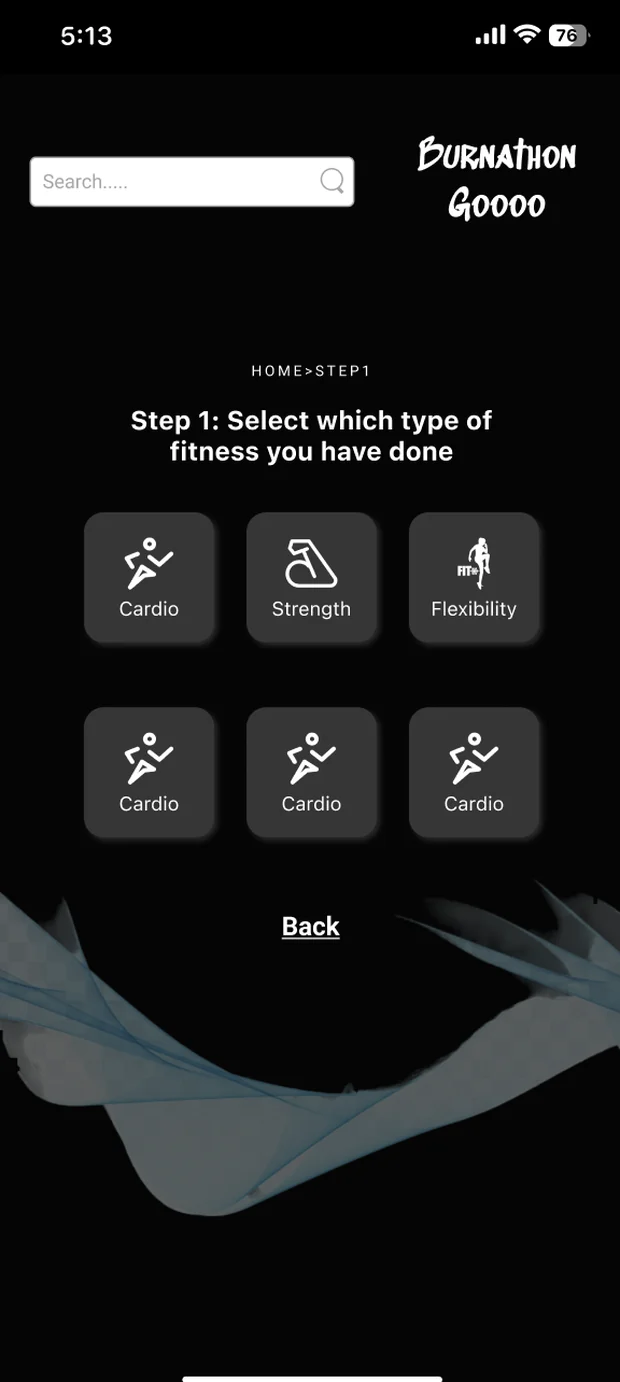 Activity logging screen headed 'Step 1: Select which type of fitness you have done' with a search field and a grid of tiles for Cardio, Strength and Flexibility.