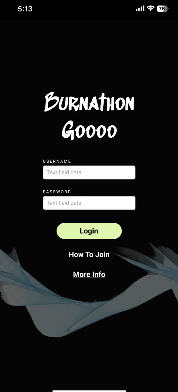 Sign-in screen headed 'Burnathon Goooo' in a brush script typeface, with username and password fields, a lime green Login button, and links reading How To Join and More Info.