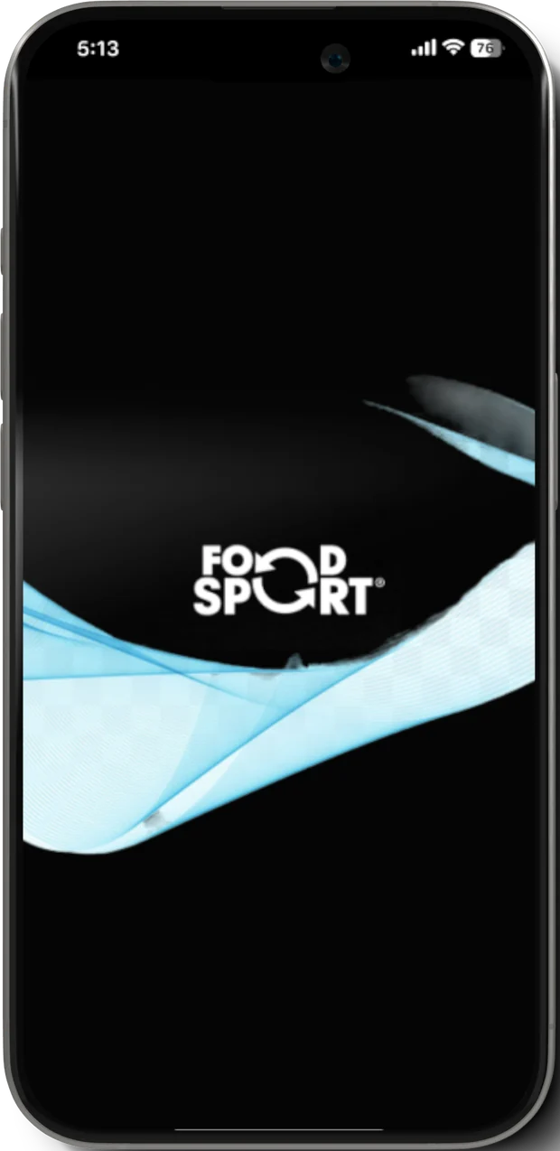 App splash screen in a phone frame showing the FoodSport logo in white on black, with pale blue flowing ribbon graphics sweeping across the lower half.