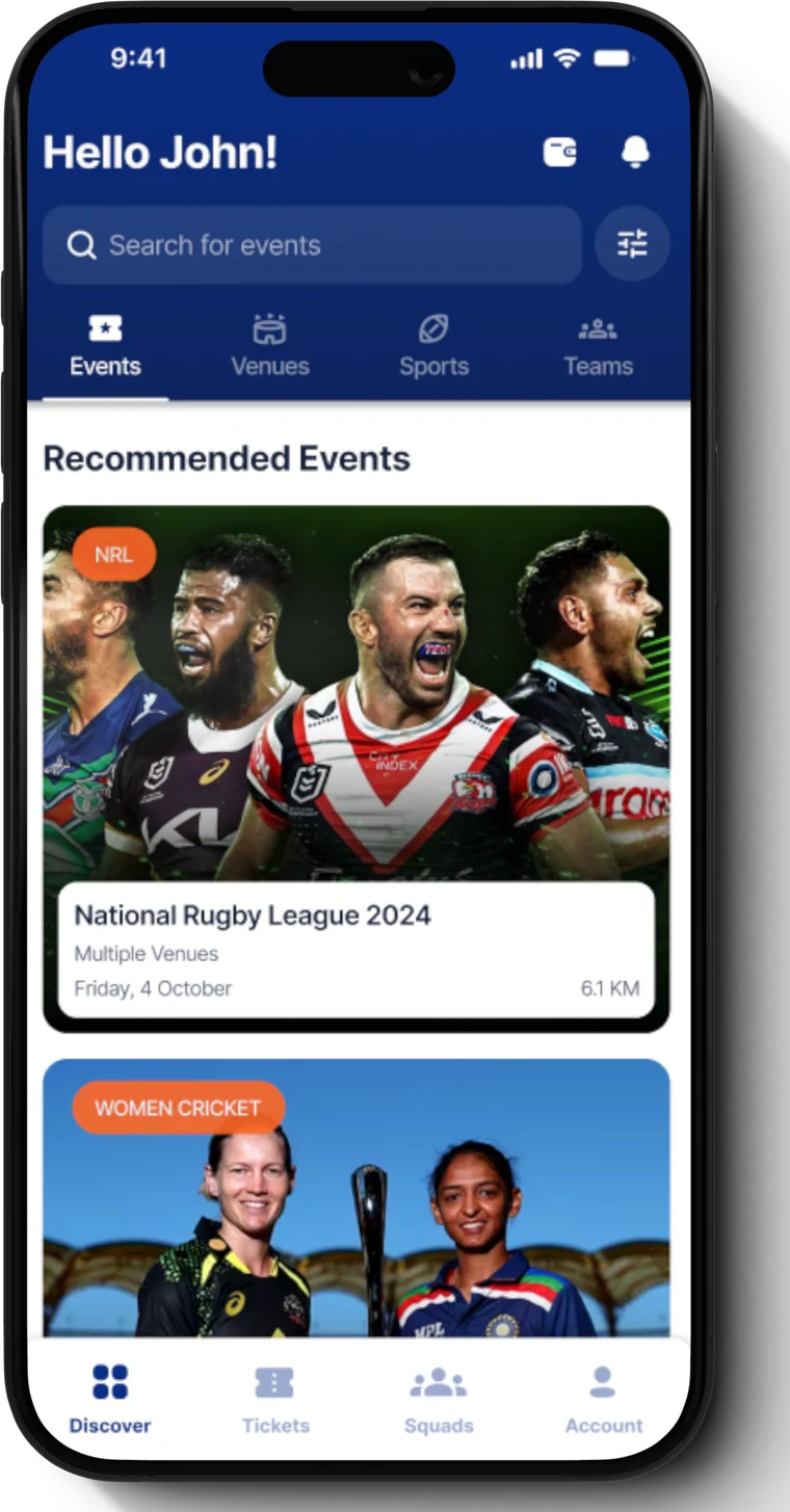 Home screen greeting 'Hello John!' with an event search bar, tabs for Events, Venues, Sports and Teams, and recommended event cards for National Rugby League 2024 and a women's cricket fixture showing venue, date and distance.
